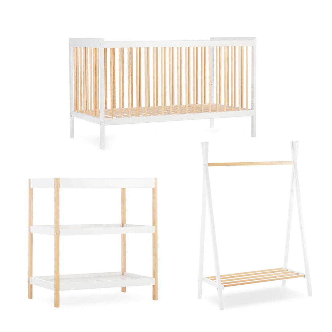  CuddleCo Nola 3 Piece Set Changer, Cot Bed + Clothes Rail - White/Natural、mySite、merchandisen