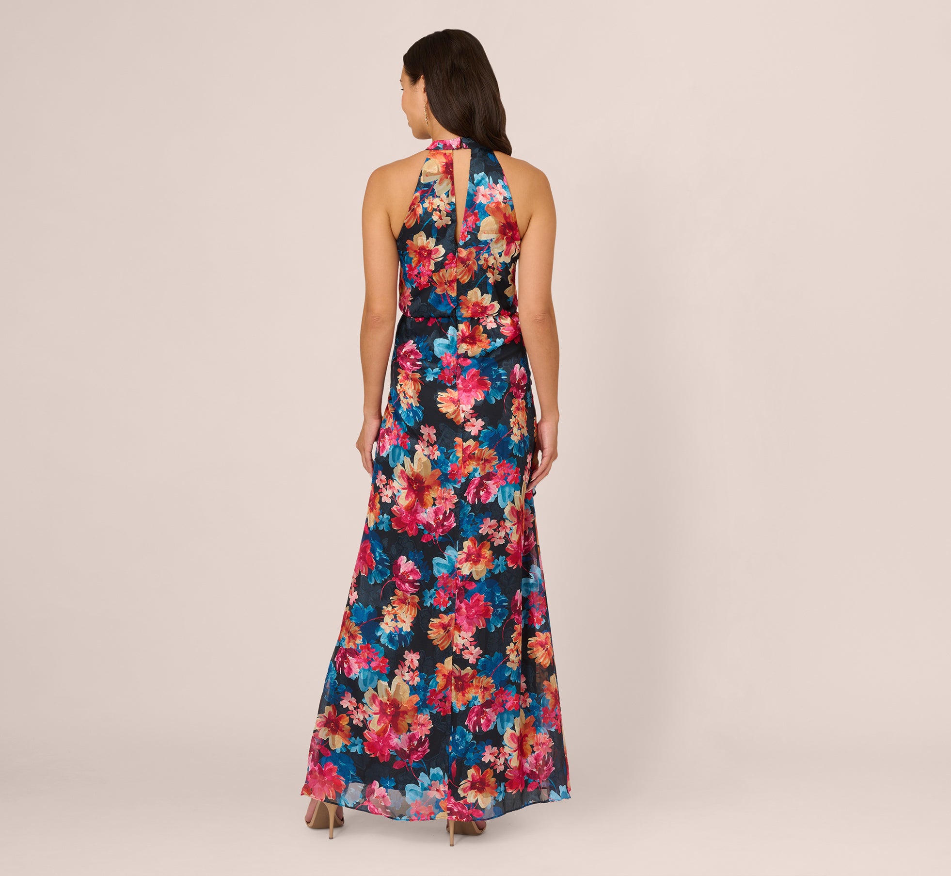 Floral Printed Halter Mermaid Gown With Ruffle Details In Navy Multi、mySite、solidvoid
