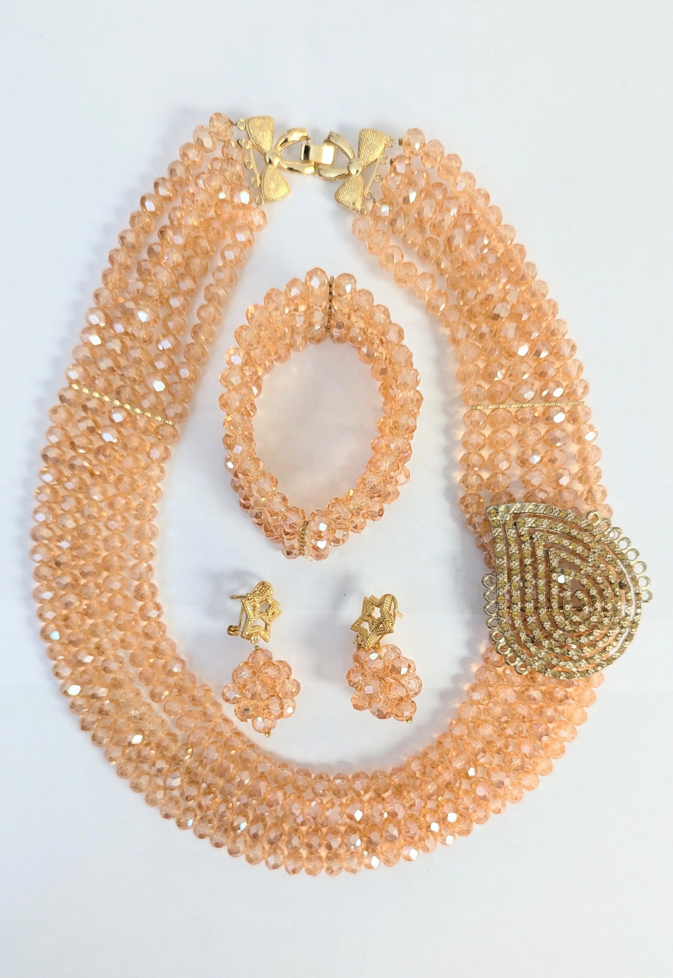 Dupsie's Ifeyinwa Glam African Peach and Gold Necklace Bracelet Earrings Four-Piece Jewelry Set DPABSPG22、mySite、solidvoid
