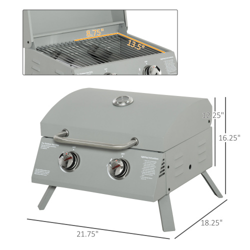 Outsunny 2 Burner Propane Gas Grill Outdoor Portable Tabletop BBQ with Foldable Legs, Lid, Thermometer for Camping, Picnic, Backyard, Light Grey、、eastwooduniform