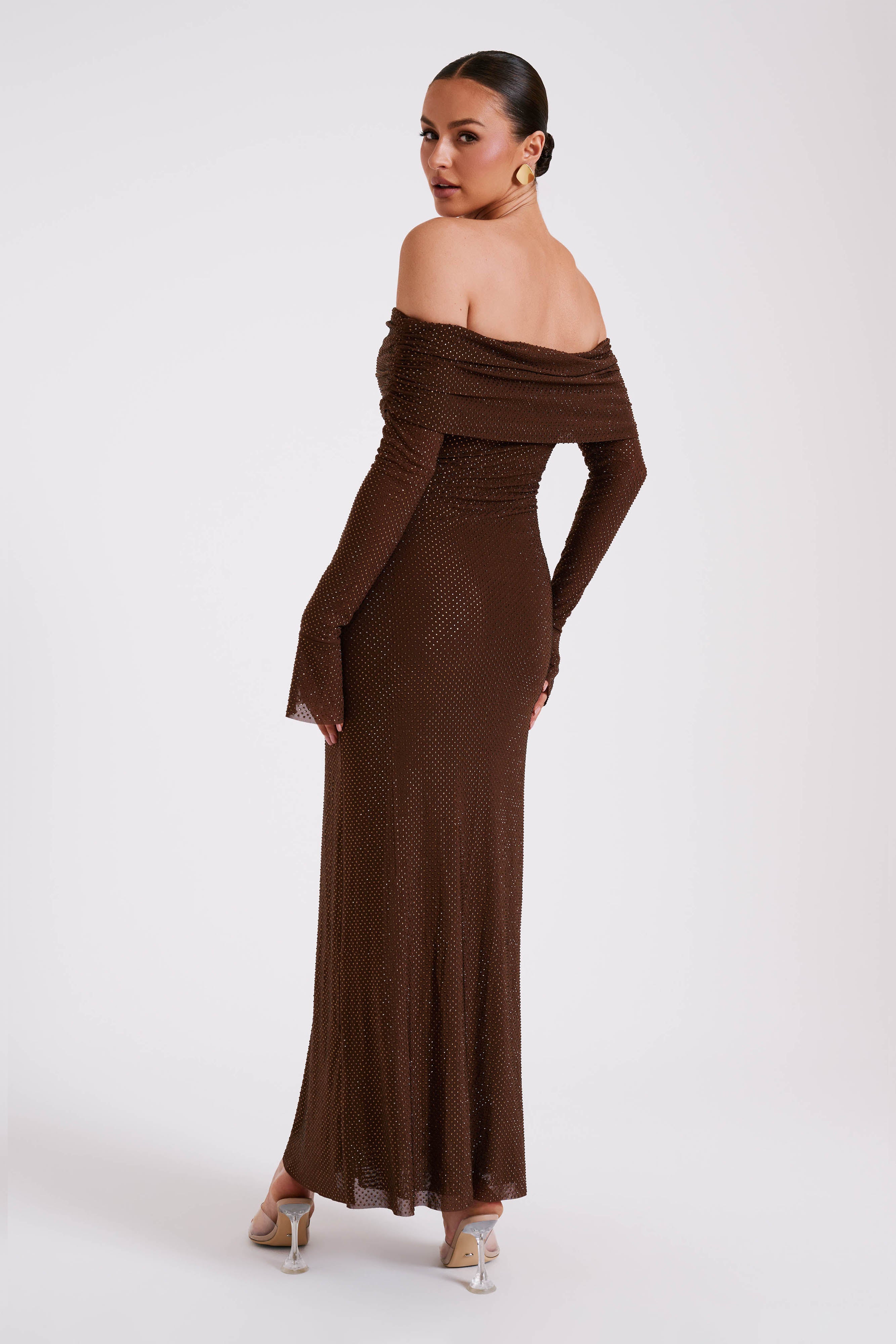 Marcel Off Shoulder Diamante Maxi Dress - Chocolate、mySite、solidvoid