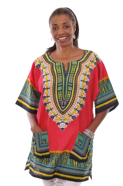 Red Traditional African Print Dashiki Shirt DP3975W、mySite、solidvoid