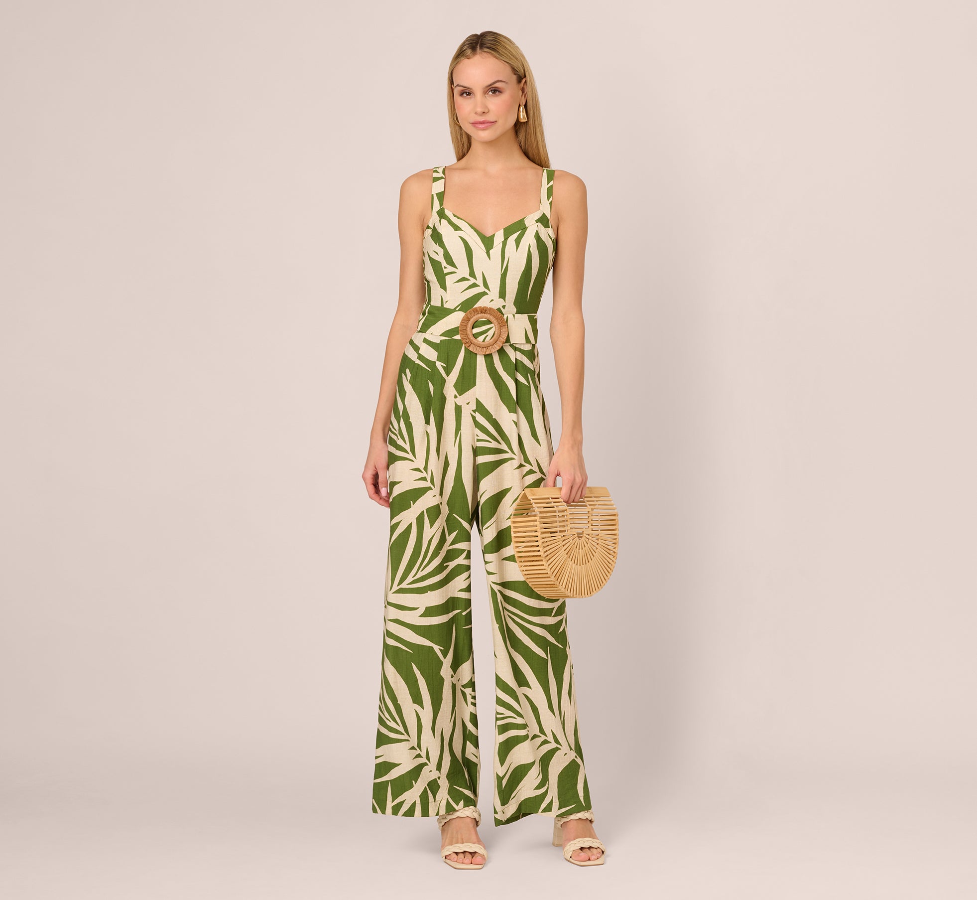Sleeveless Palm Leaf Wide Leg Jumpsuit In Green Ivory、mySite、solidvoid