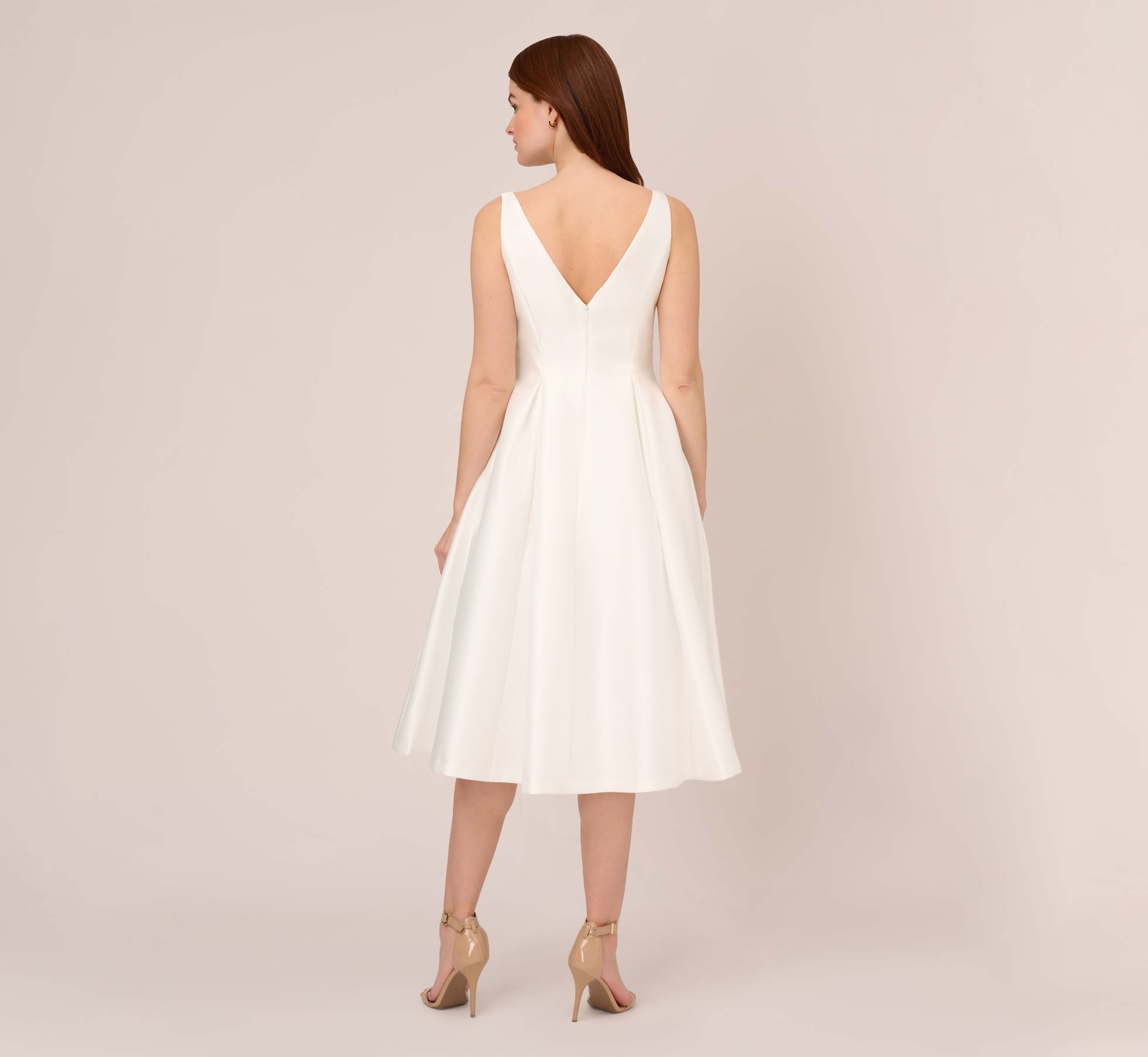 Sleeveless Mikado Fit And Flare Midi Dress With V-Back In Ivory、mySite、solidvoid