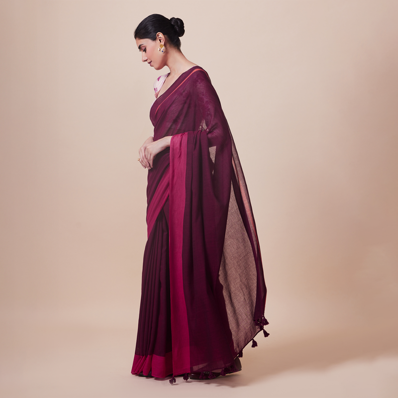 Cotton Solid Saree with Blouse | Burgundy & Pink、mySite、camillekostekn