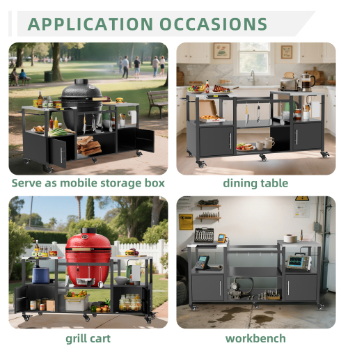 Outdoor Grill Table for Big Green Egg Style BBQ, Metal Grill Cart with 2 Folding Panels, Compatible with up to Large Green Egg, Kamado Joe Jr、、eastwooduniform