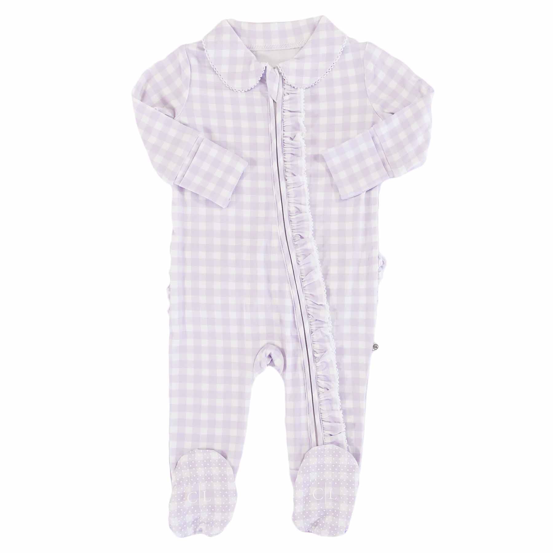  Peter Pan Collar Ruffle Zipper Footie | Lilac Gingham、mySite、layawaytickets