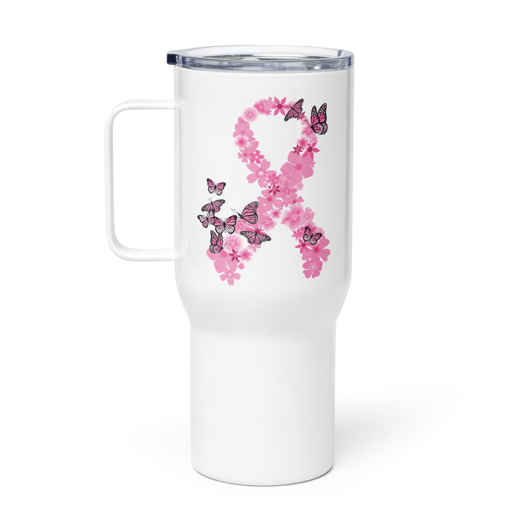 Pink Ribbon Butterflies Take Flight 25oz Handle Tumbler Travel Mug、mySite、camillekostekn