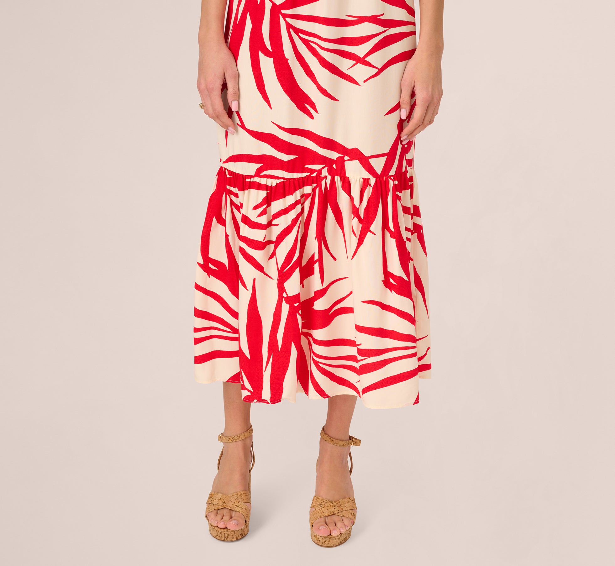 Beaded Strap Palm Leaf Flounce Sundress In Red Ivory、mySite、solidvoid
