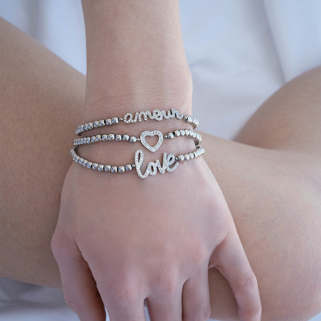 18K Gold PVD Stainless Steel Stone Love Metal Beaded Stretch Bracelet / BRJ1014、mySite、dreamappss