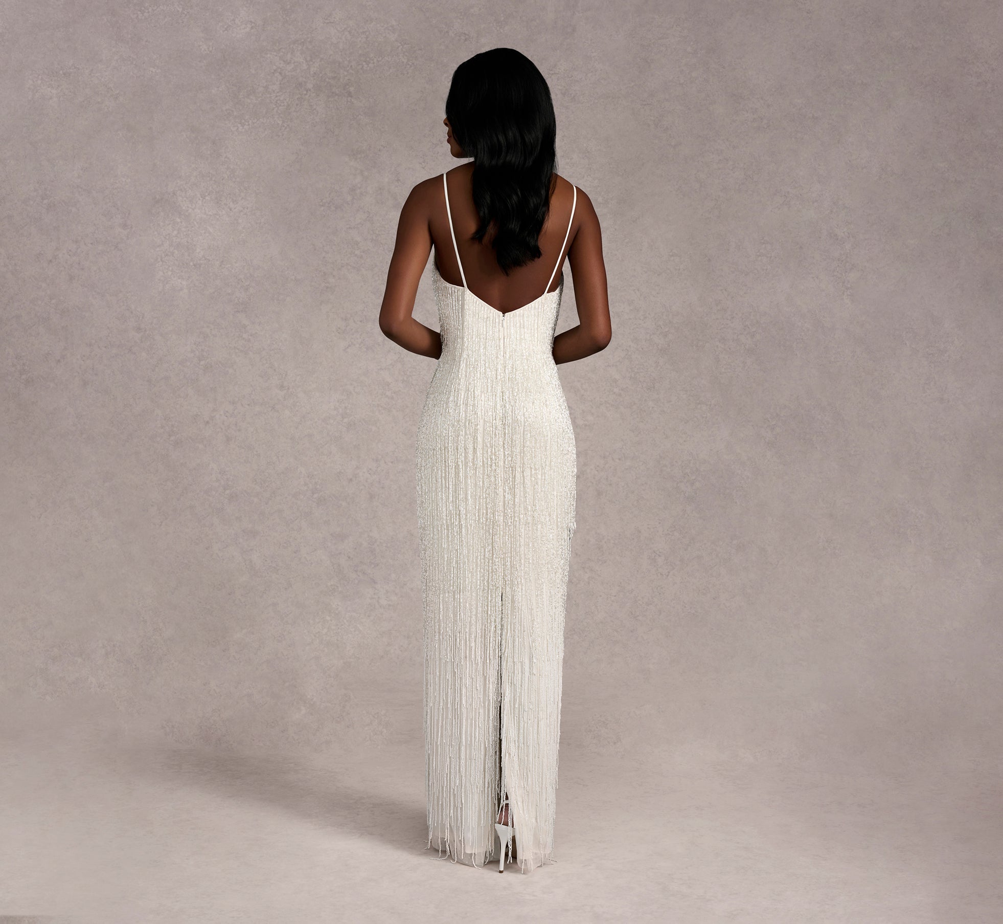 Beaded Fringe Column Dress In Ivory/Ivory In Ivory Ivory、mySite、solidvoid