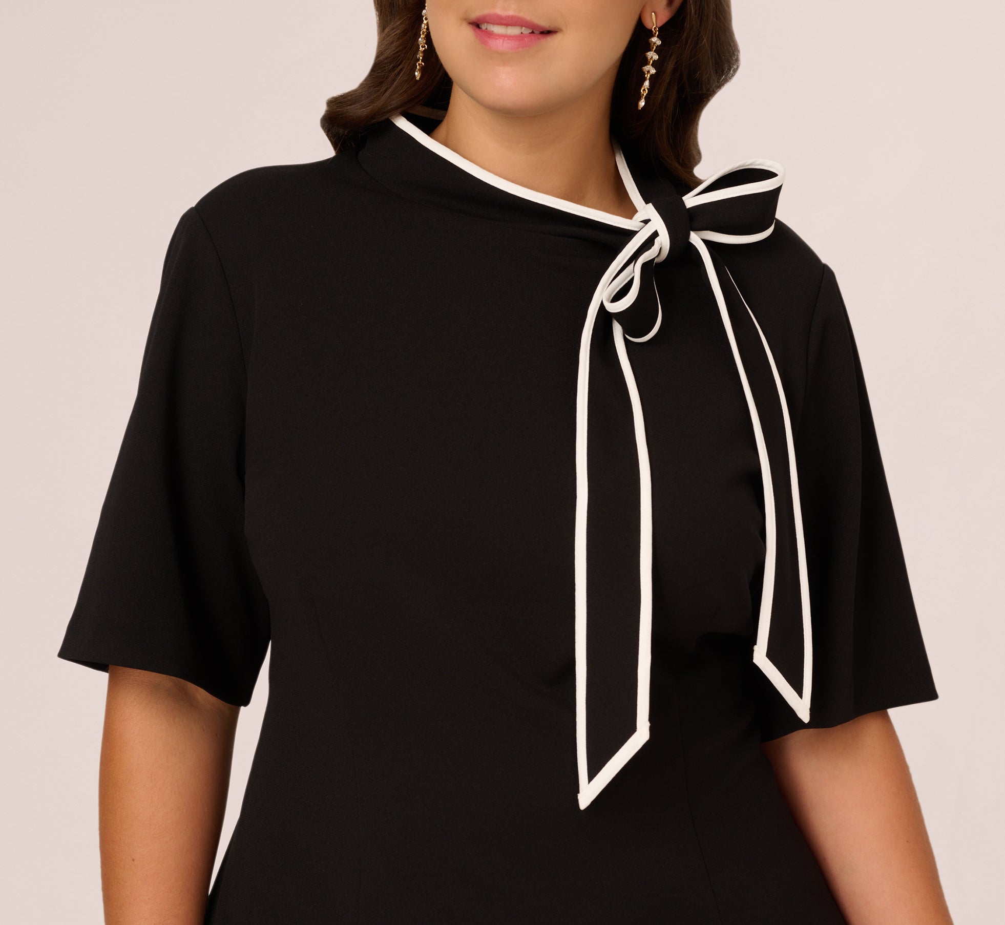 Plus Size Mock Neck Dress With Contrasting Bowtie In Black Ivory、mySite、solidvoid