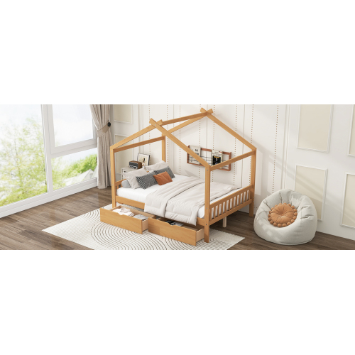 Twin Size House Platform Bed with Headboard and Footboard,Roof Design,Natural、、casual