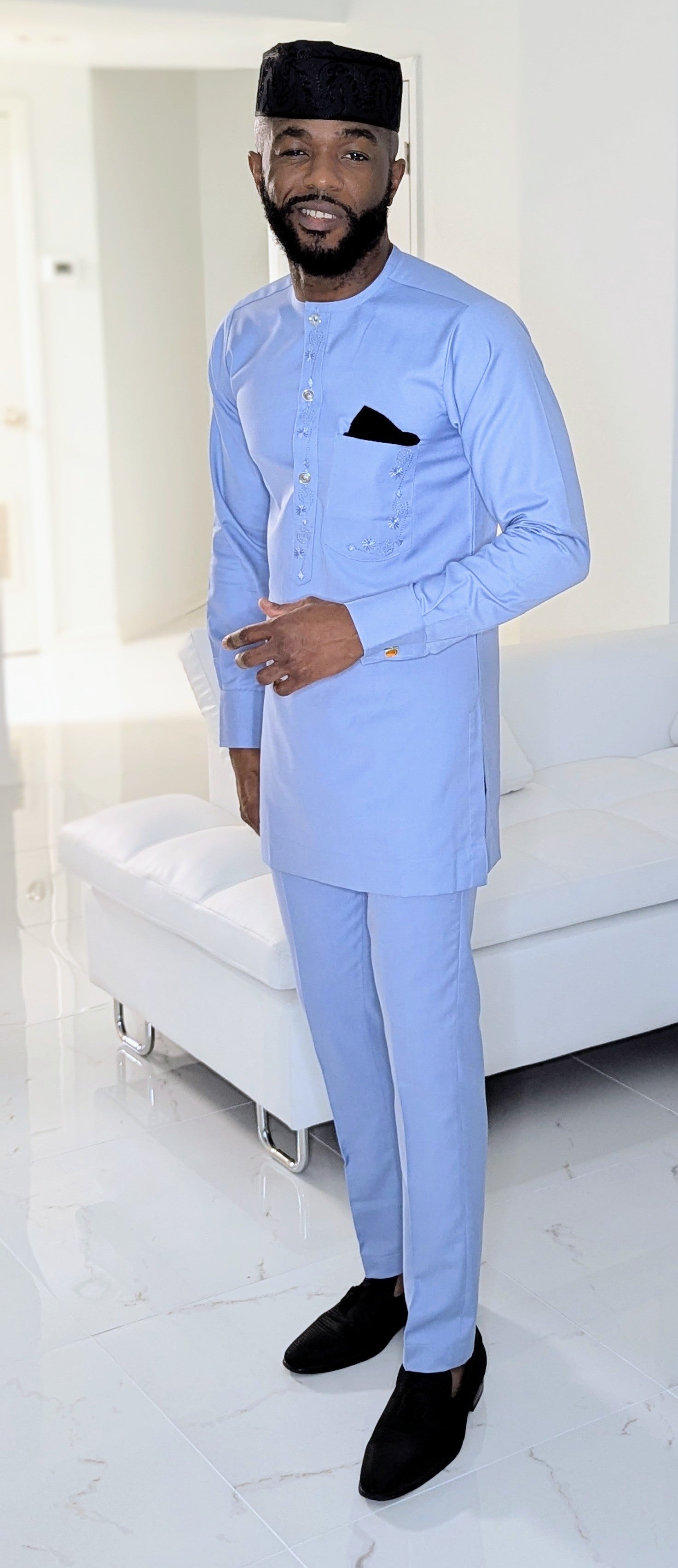 Dupsie's Oluwaseyi Blue Pull-over Long-sleeve Embroidered African Senator Dashiki Shirt with Matching Plain Drawstring Waist Pants DPASABE5、mySite、solidvoid