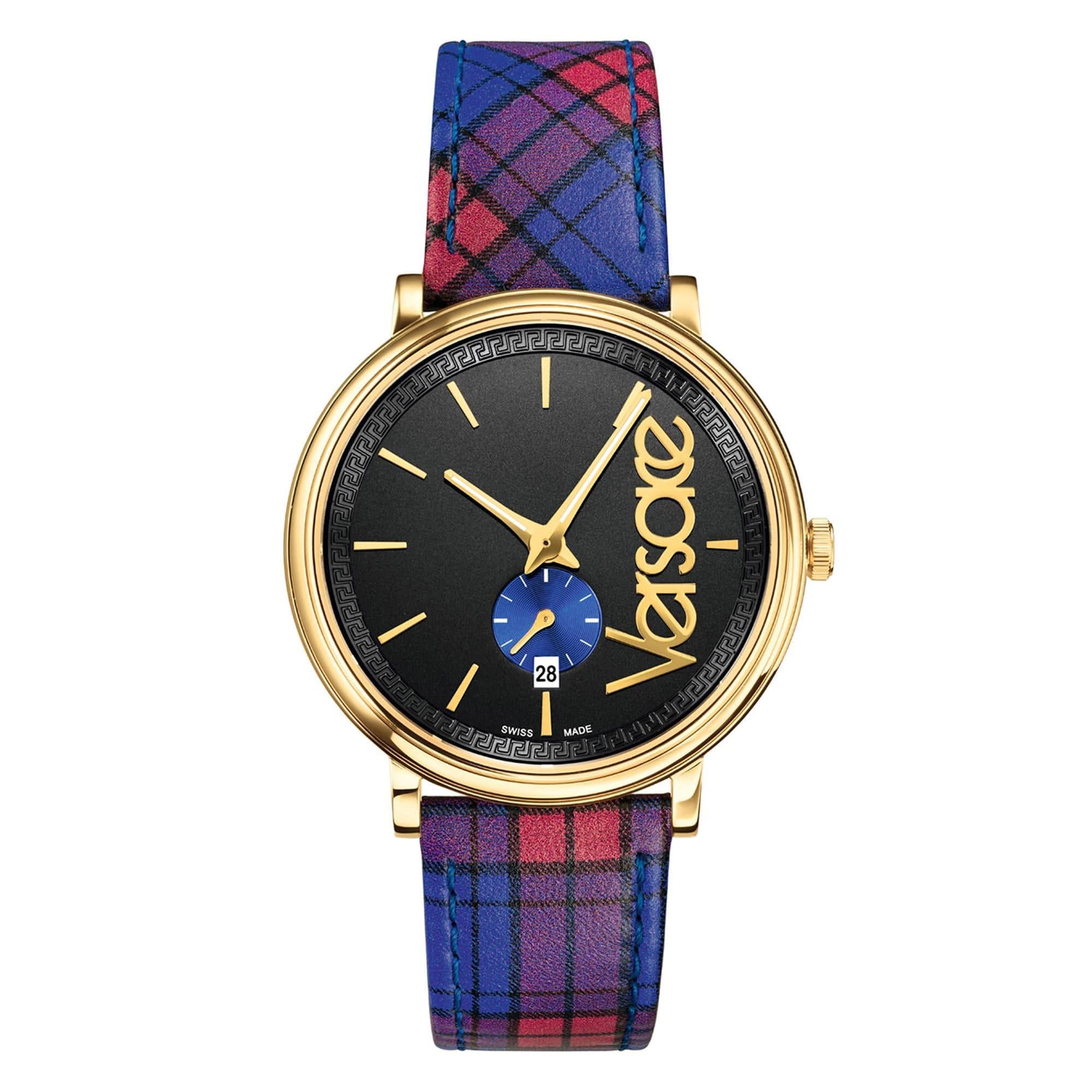 Versace Circle the Clans Gold IP Watch W/ Blue Tartan Strap 42mm、mySite、g9winljtr