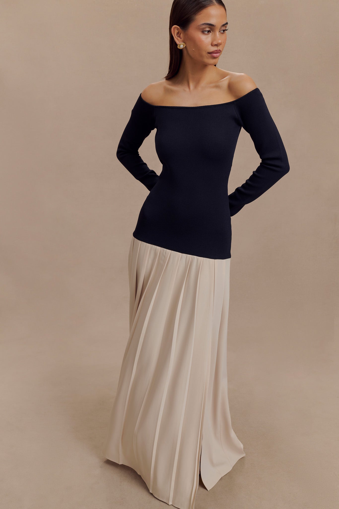 Presley Contrast Knit Off Shoulder Maxi Dress - Navy And Cream、mySite、solidvoid