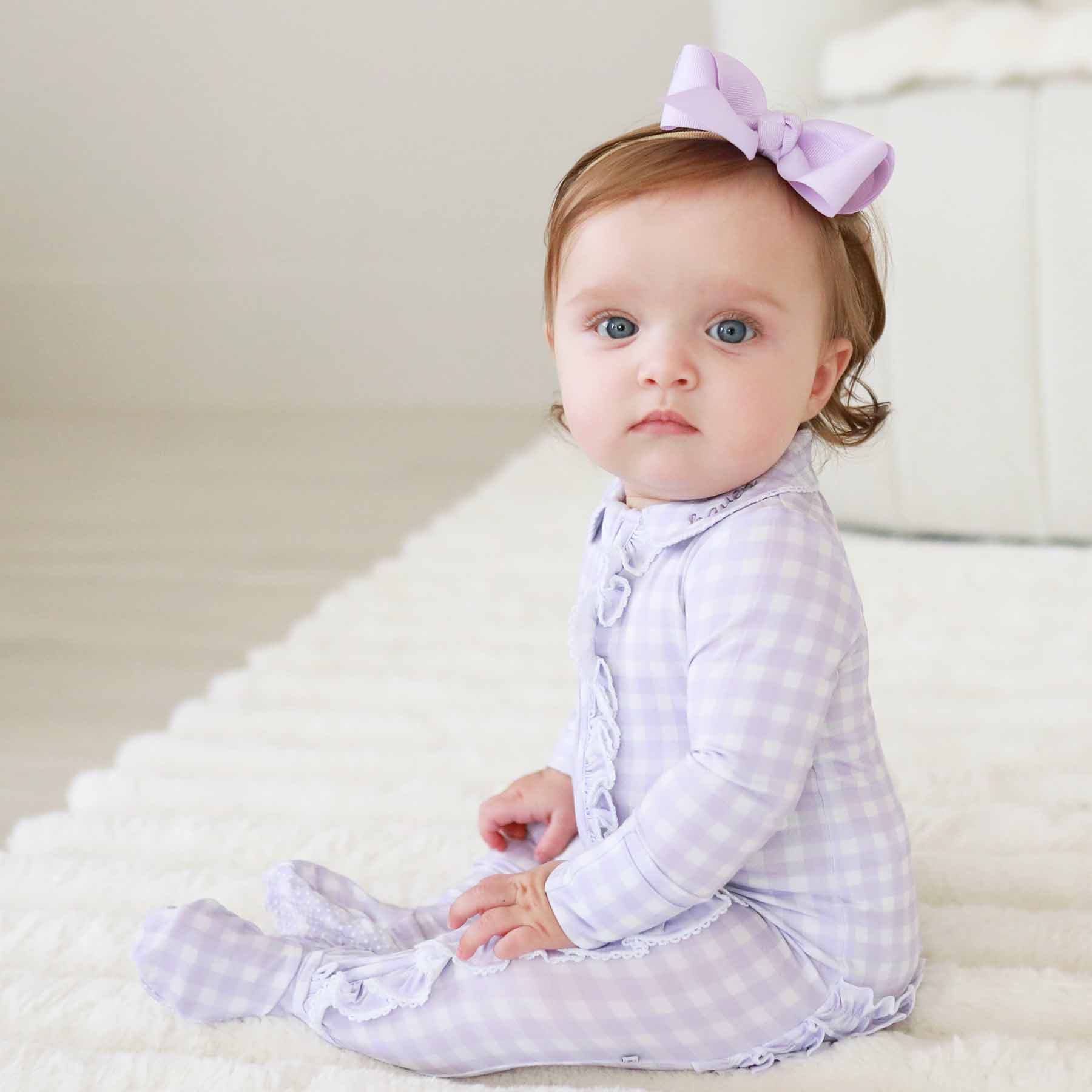  Peter Pan Collar Ruffle Zipper Footie | Lilac Gingham、mySite、layawaytickets