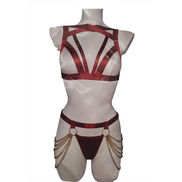 Stretchy Strap Lingerie Set With Golden Chains | High Waisted | Adjustment Buckle、mySite、bottomscart