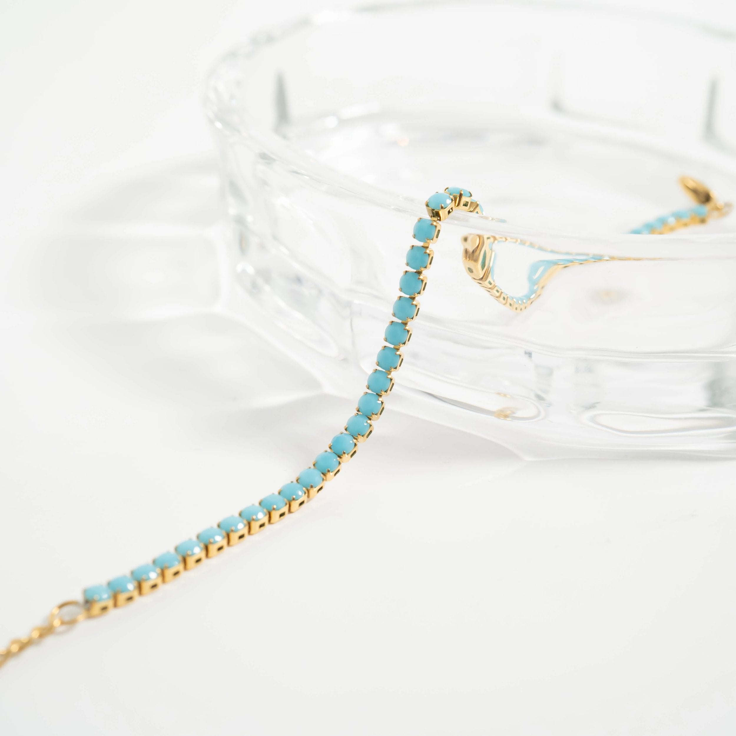 18K Gold PVD Stainless Steel Turquoise Rhinestone Tennis Chain Bracelet / TBR0006、mySite、dreamappss