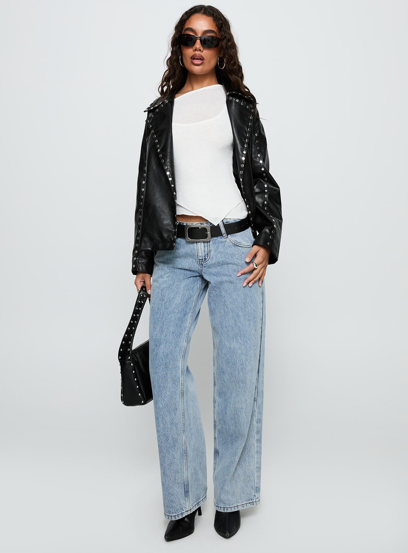 Kaeden Faux Leather Stud Detail Biker Jacket Black、mySite、solidvoid