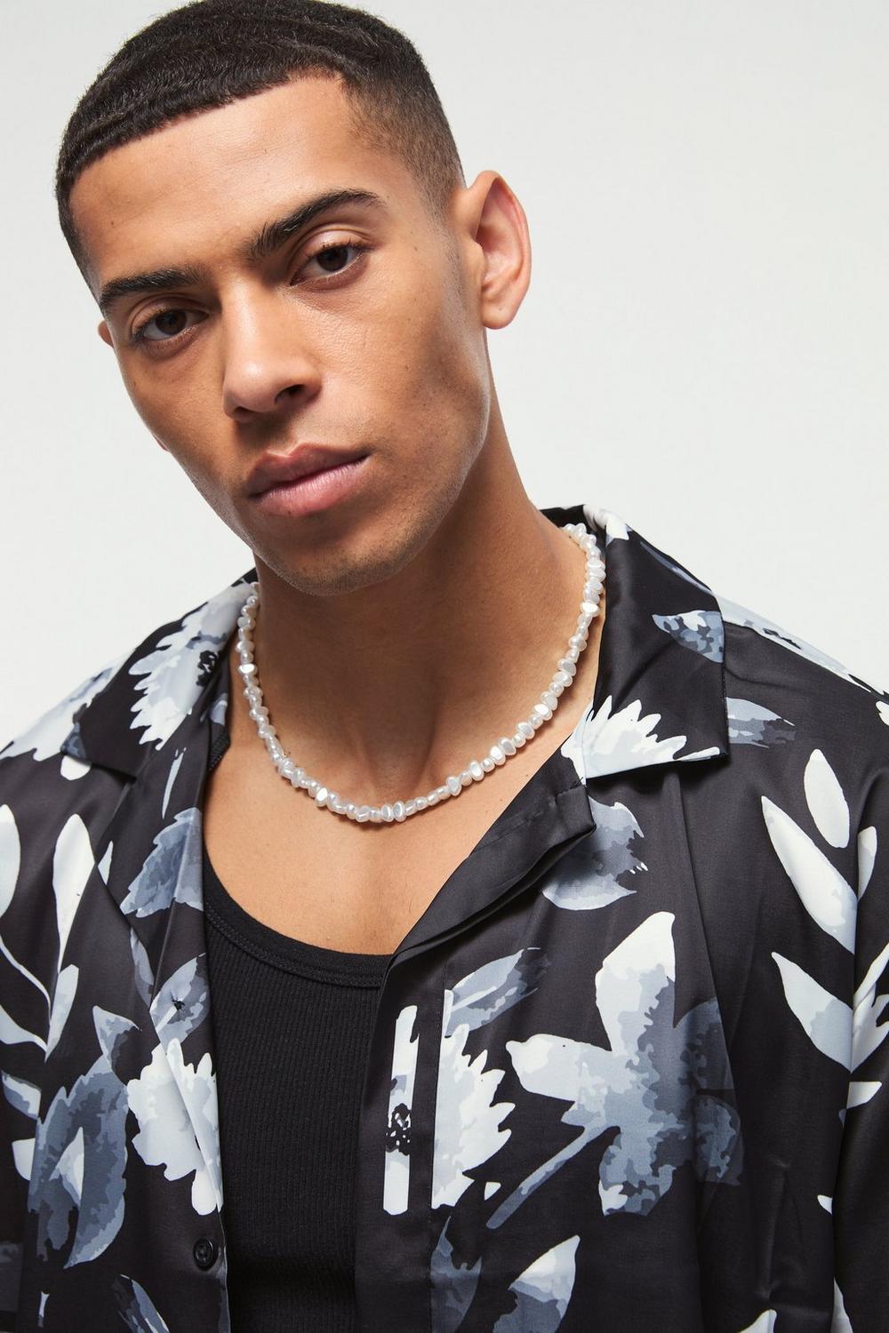  Boohooman Oversized Flower Printed Satin Short Sleeve Shirt Black、mySite、justintrudeaud