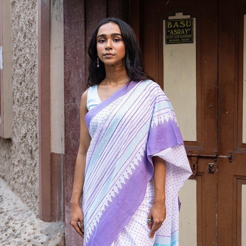 Cotton Saree | Hand Block Print | White & Purple、mySite、camillekostekn