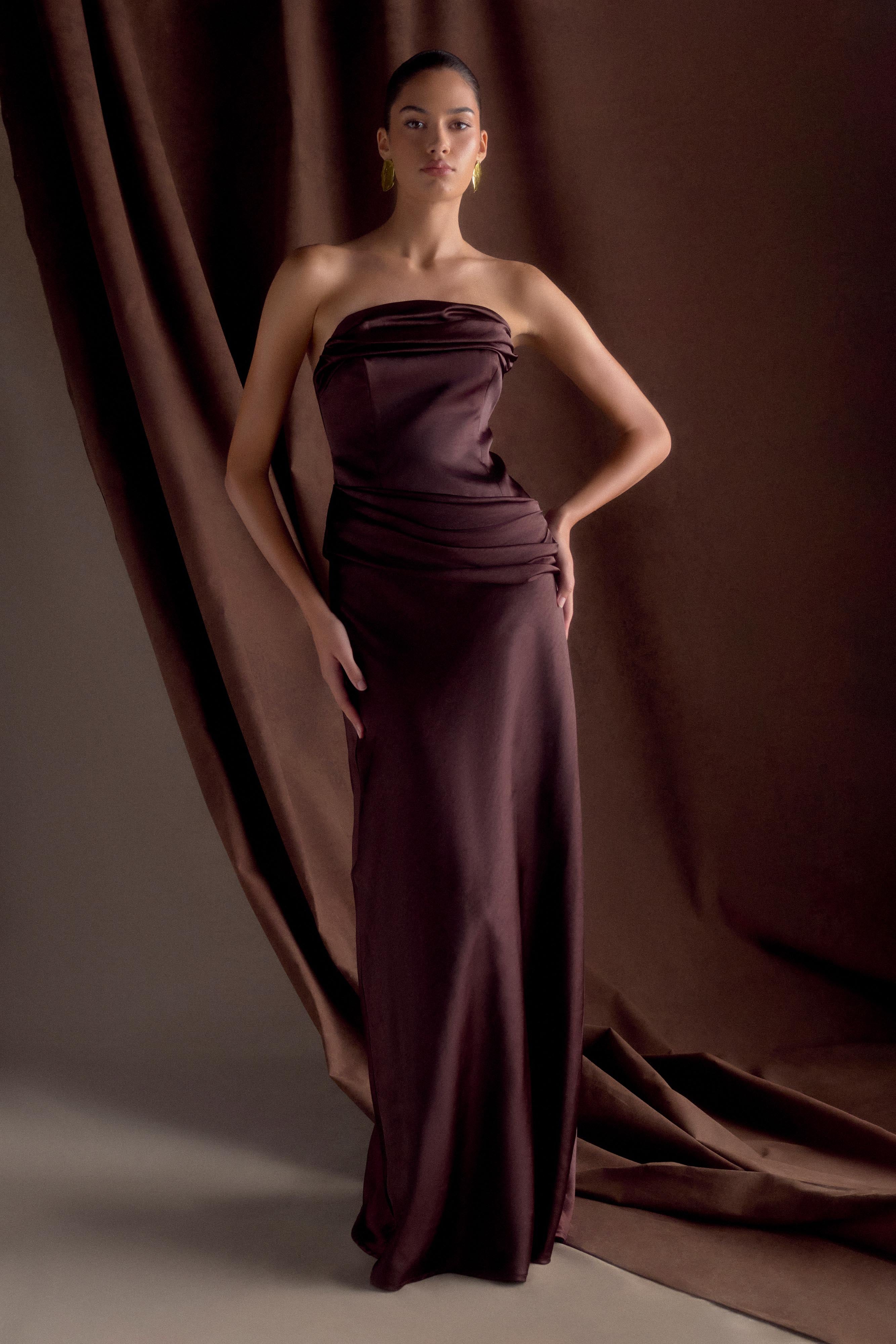 Jasmine Strapless Satin Maxi Dress - Dark Chocolate、mySite、solidvoid