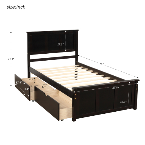 Platform Storage Bed, 2 drawers with wheels, Twin Size Frame, Espresso (New SKU:WF283062AAP)、、casual
