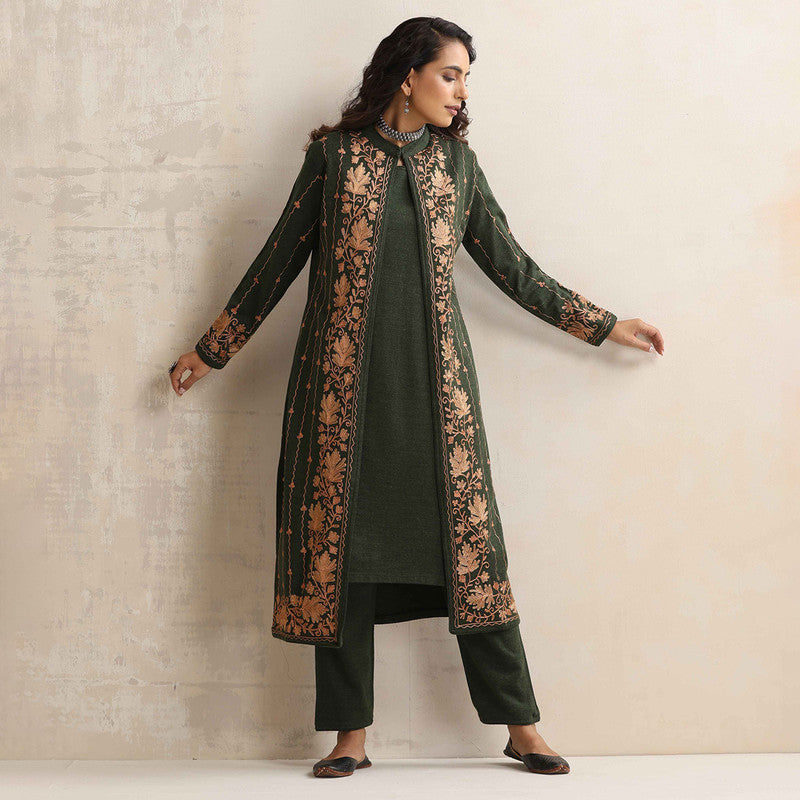 Woolen Kurta Set For Women | Kurta, Pyjama & Jacket | Embroidered | Green、mySite、camillekostekn