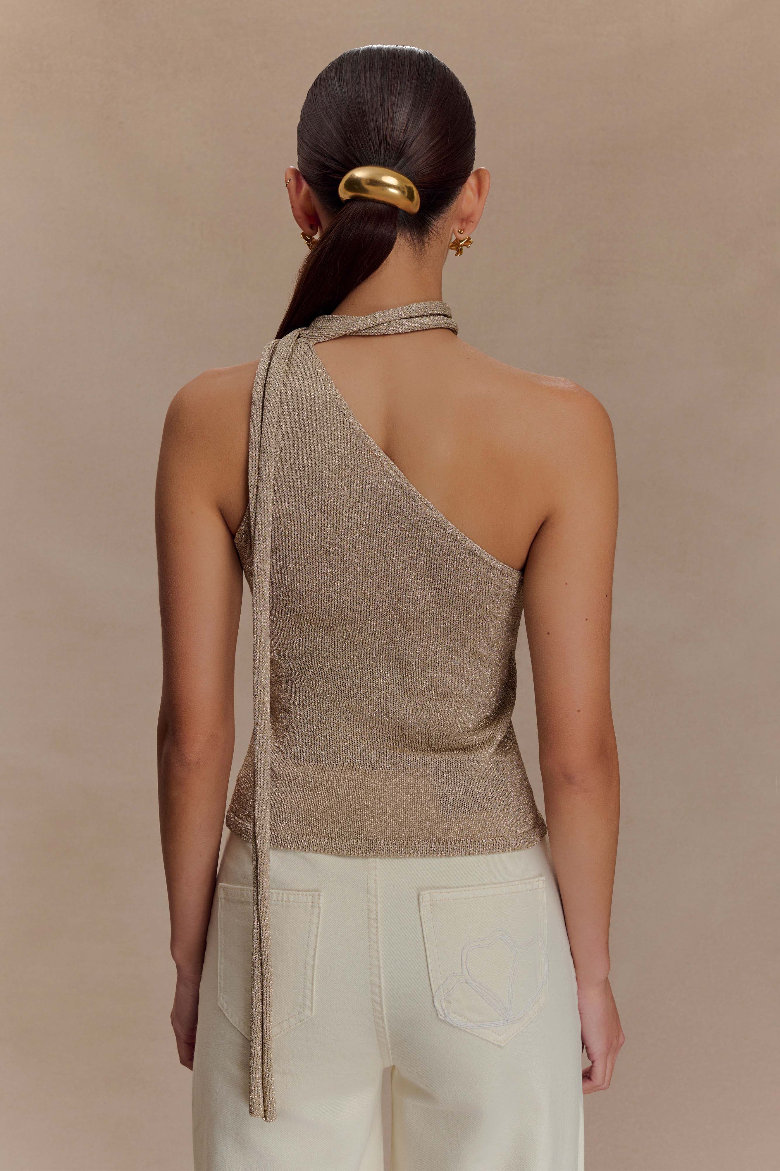 Leone One Shoulder Metallic Knit Top - Gold、mySite、solidvoid