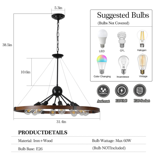 (New SKU:W1340P206642) 8-Light Retro Farmhouse Chandelier For Kitchen, Living room, Dining room Red and Walnut(No Bulbs)、、eastwooduniform