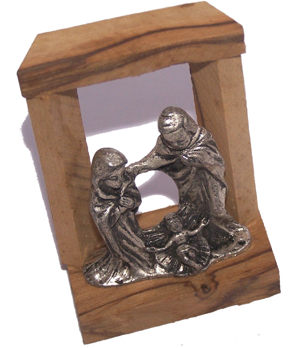 Pewter Nativity inside an olive wood cave Christmas Ornament - from the Holy Land、mySite、topwebapps