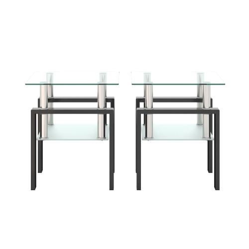 Set of 2, Modern Tempered Glass Tea Table Coffee Table End Table, Square Table for Living Room, Black、、casual