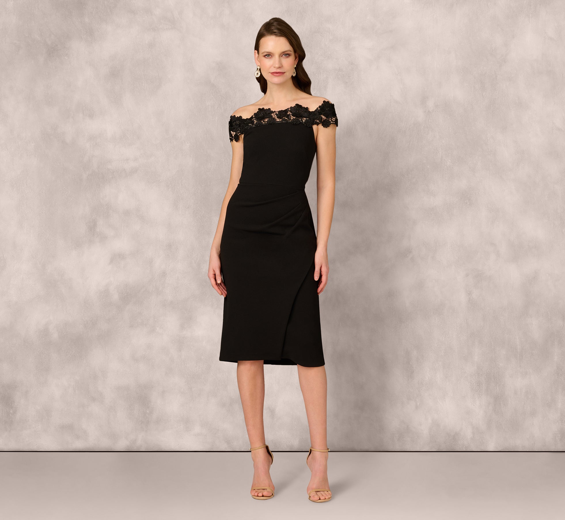 Off Shoulder Lace Trim Midi Sheath Dress In Black、mySite、solidvoid