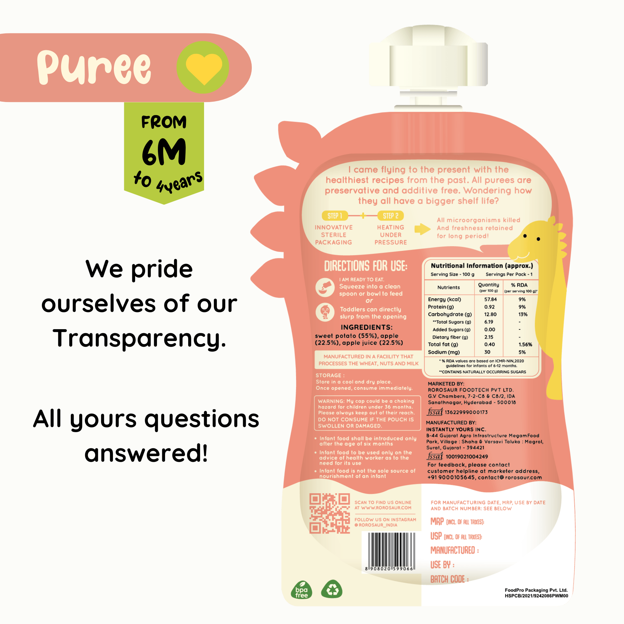 Baby Food | Kids Healthy Snacks | Fruit and Vegetable Puree | Sweet-Potato Apple | 100 g、mySite、camillekostekn