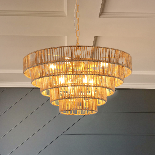 (Same as W1340P155977/L1019-5) 24" Modern 5-Layer Woven Hemp Rope Chandelier, Boho Style Pendant Light, Elegant Hanging Light Fixture for Living Room, Dining Room, Bedroom (No Bulbs)、、eastwooduniform