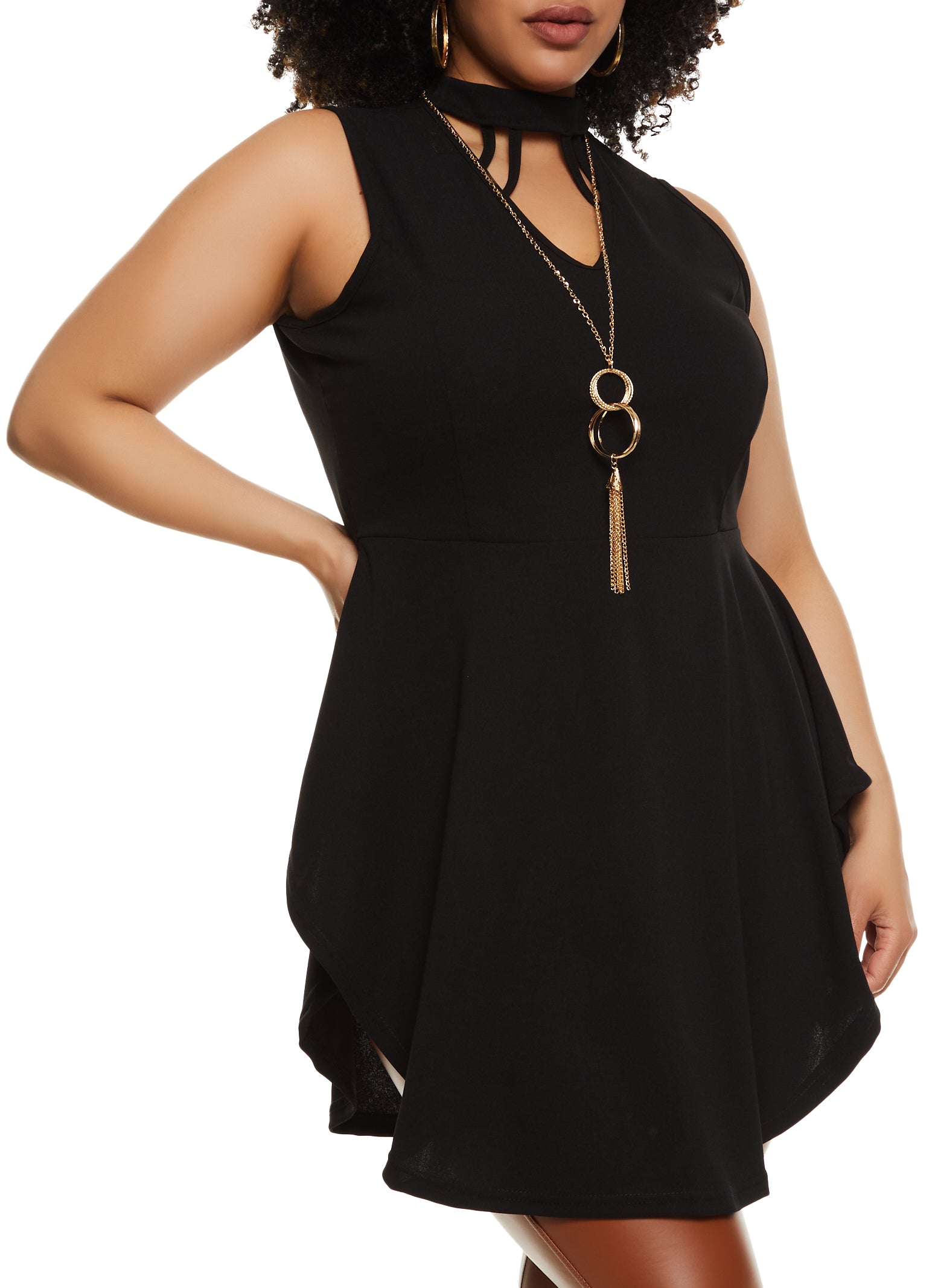 Plus Size High Neck Cut Out Peplum Tunic Top with Necklace、mySite、camillekostekn