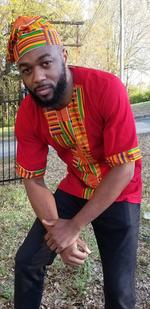 Red African Dashiki Shirt with Kente Trim-DP3298D3、mySite、solidvoid