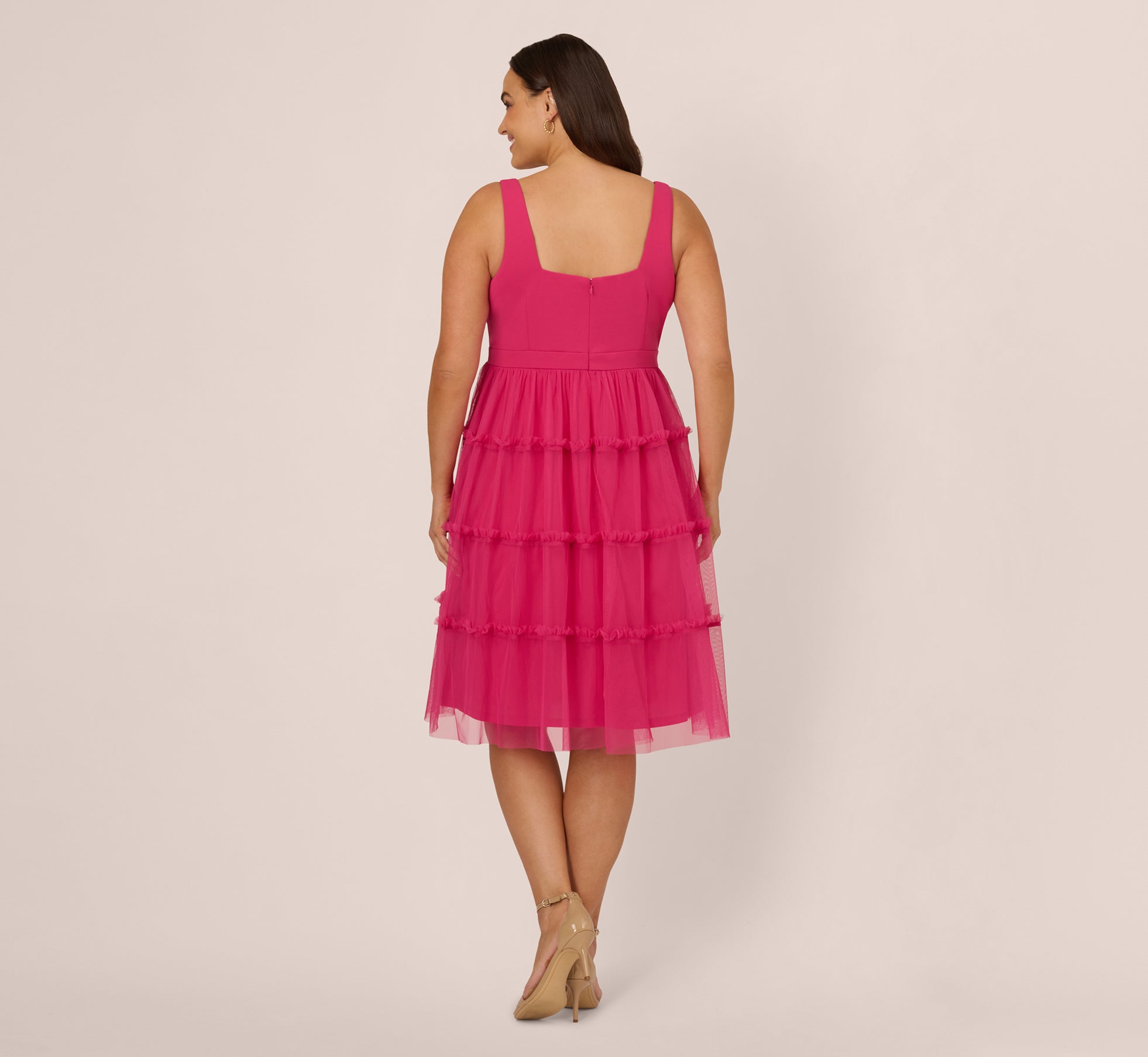 Plus Size Sleeveless Midi Dress With Square Neck And Tiered Skirt In Bright Rose、mySite、solidvoid