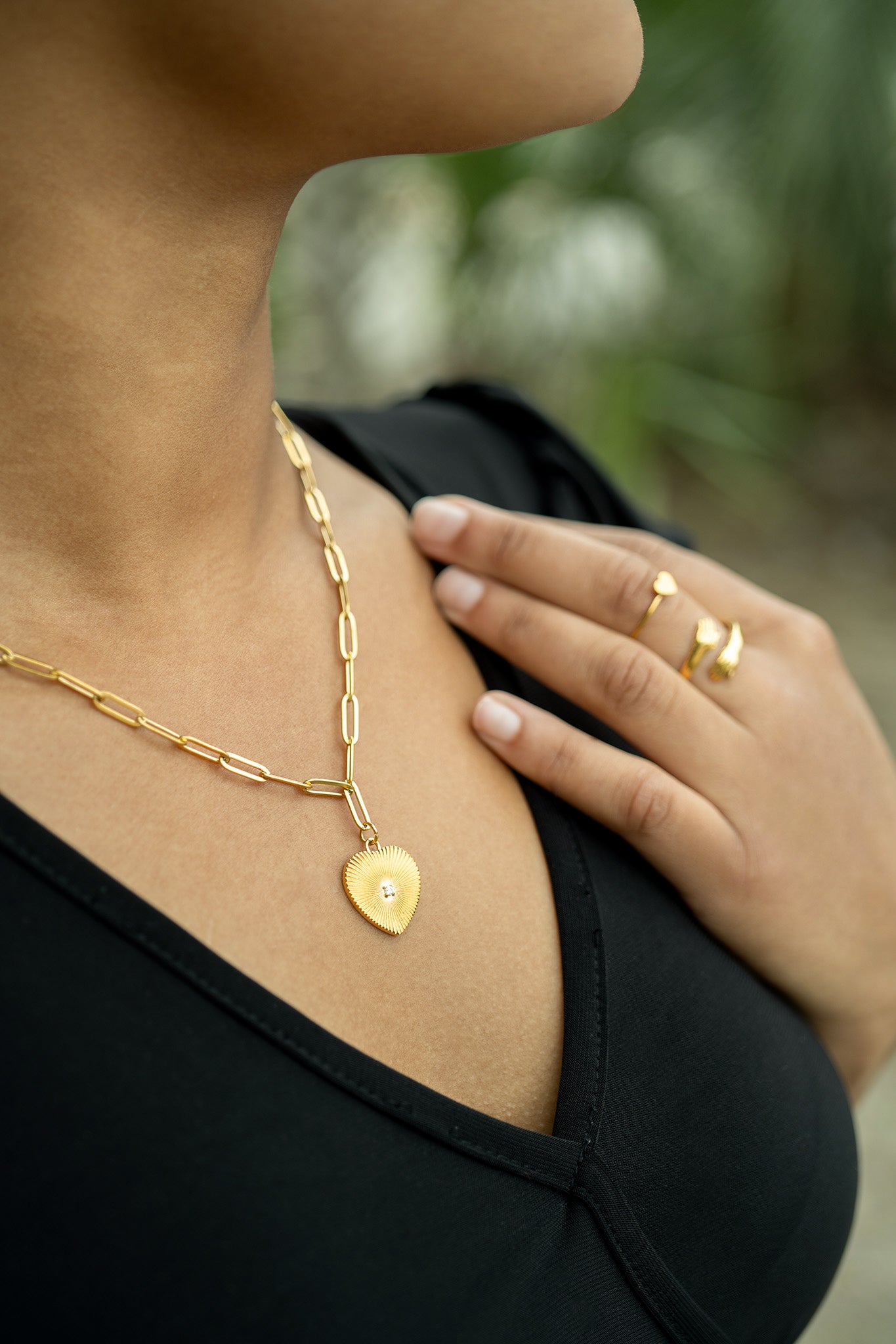 18K Gold PVD Stainless Steel Sunburst CZ Heart Paperclip Pendant Necklace / CHN9966、mySite、dreamappss