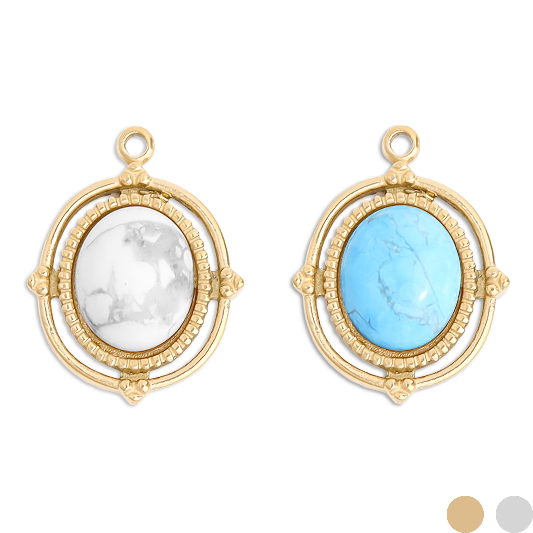 18K Gold PVD Stainless Steel Roped Frame Oval Semi Precious Stone Charm / PDL0119、mySite、dreamappss