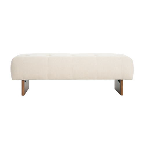  Rectangular Upholstered Tufted Linen Fabric Ottoman Bench, Solid Wood Legs, Beige、、yumabirdnaturehistoryfestival