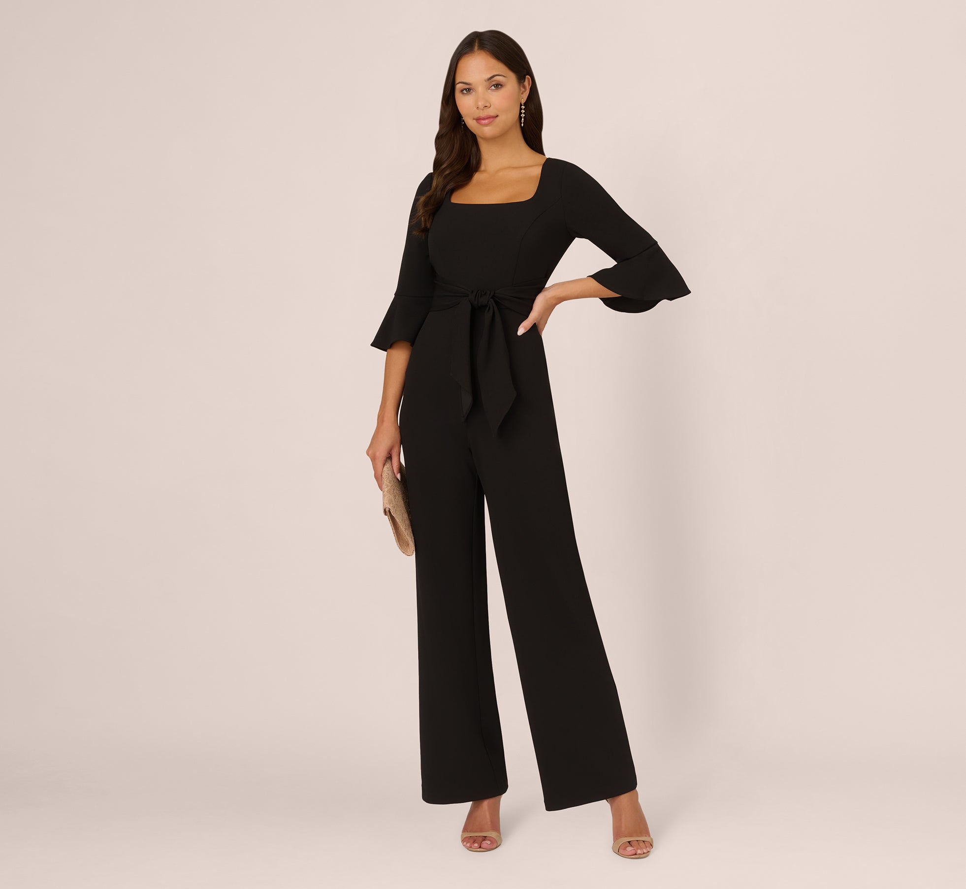Knit Crepe Wide Leg Jumpsuit With Bell Sleeves In Black、mySite、solidvoid