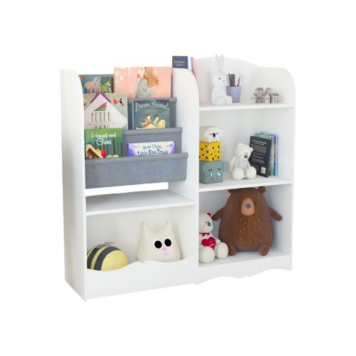 Kids Bookcase and Bookshelf, Multifunctional Bookcase with 3 Collapsible Fabric Drawers, Bookcase Display Stand, Toy Storage Organizer for Bedroom, Playroom, Hallway (White/Gray)、、casual