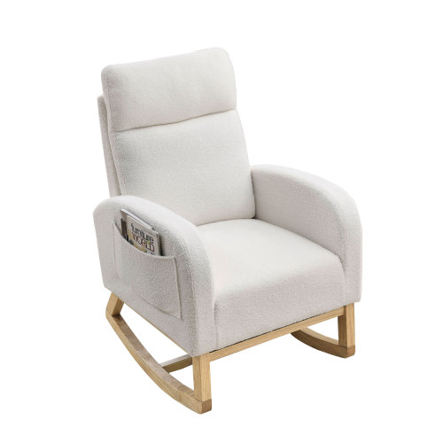 Video Welike 27.6"W Modern Accent High Backrest Living Room Lounge Arm Rocking Chair, Two Side Pocket ,Teddy White (Ivory)、、casual