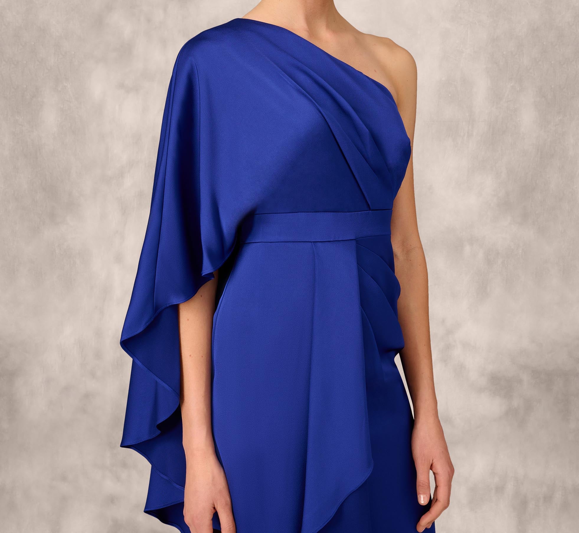 One-Shoulder Satin Draped Sheath Dress With Crepe Back And Cape In Royal Sapphire、mySite、solidvoid