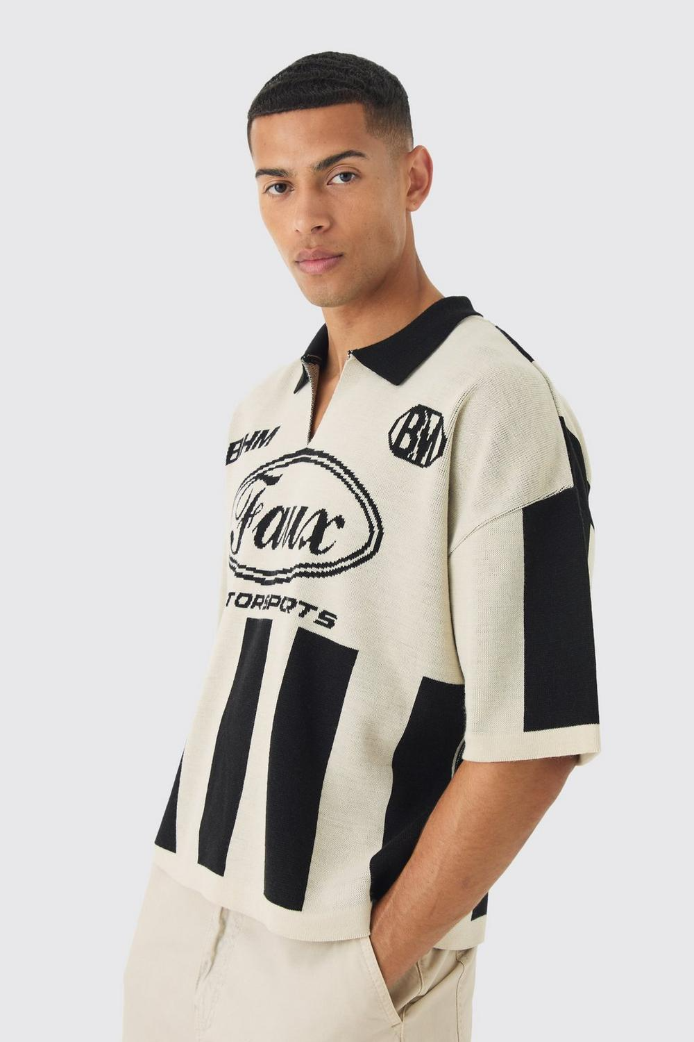  Boohooman Oversized Boxy Football Knitted Polo Stone、mySite、justintrudeaud