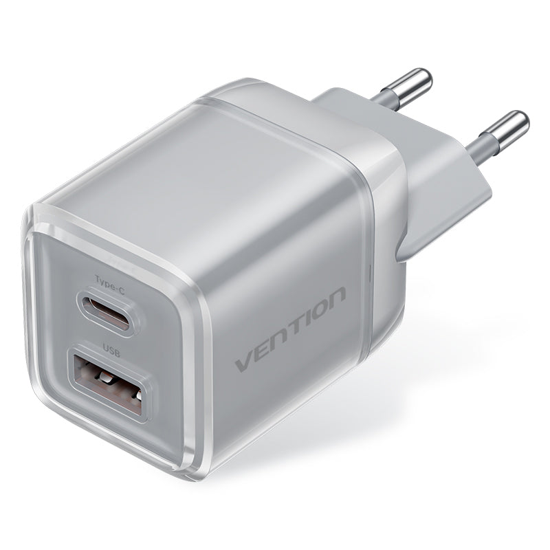 Vention 2-Port USB (C + A) GaN Charger (70W/22.5W) EU-Plug Transparent Gray、mySite、fannypackpong