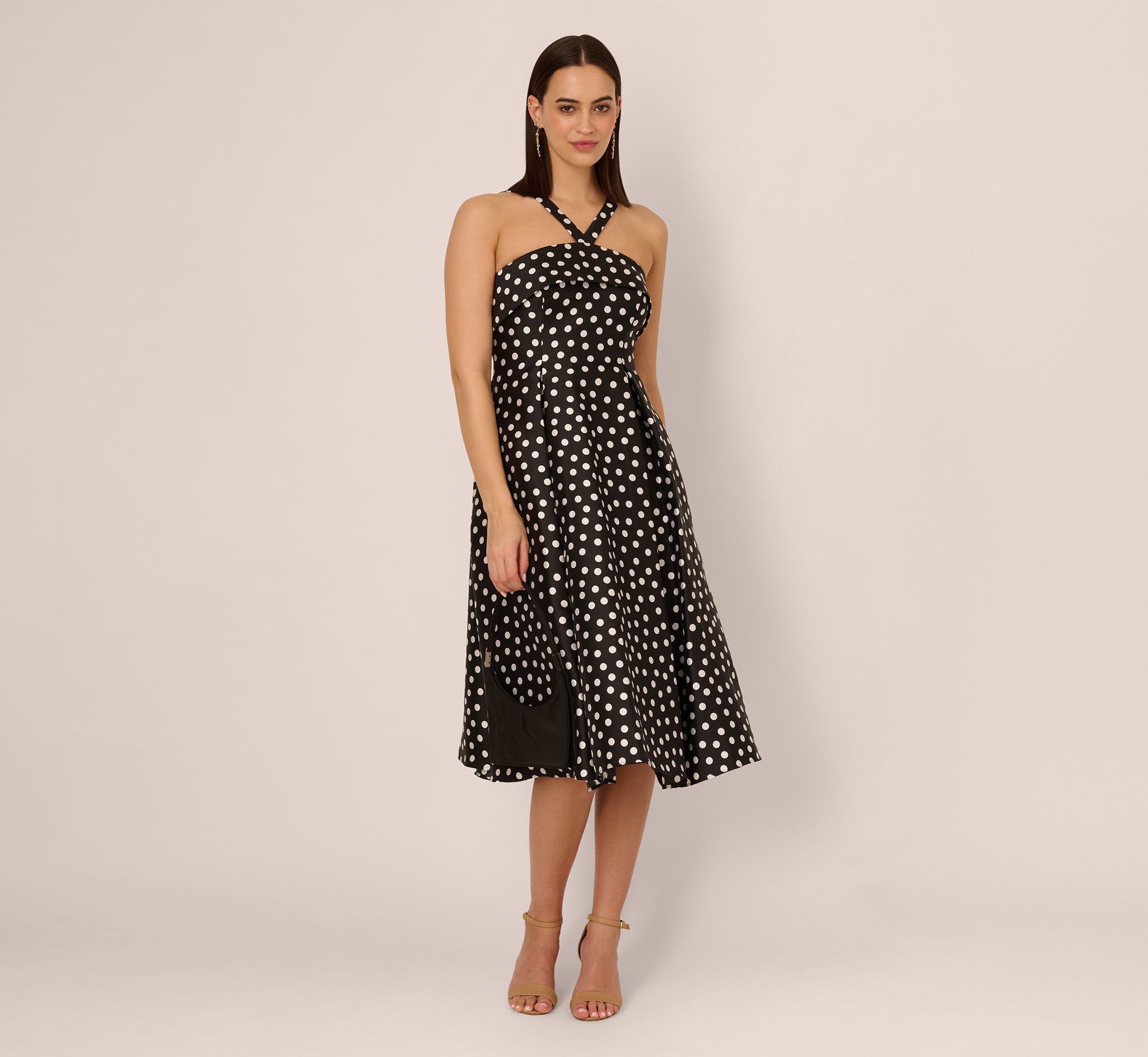 Polka Dot Halter Fit And Flare Midi Dress In Black Ivory、mySite、solidvoid