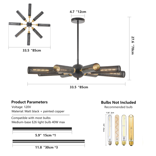 24" Modern Industrial Multi-Light Pendant Chandelier - 9-Light Black and Gold Adjustable Ceiling Light Fixture with Mesh Cylinder Shades for Living Room, Dining Room, or Staircase (Bulb Not Included)、、eastwooduniform